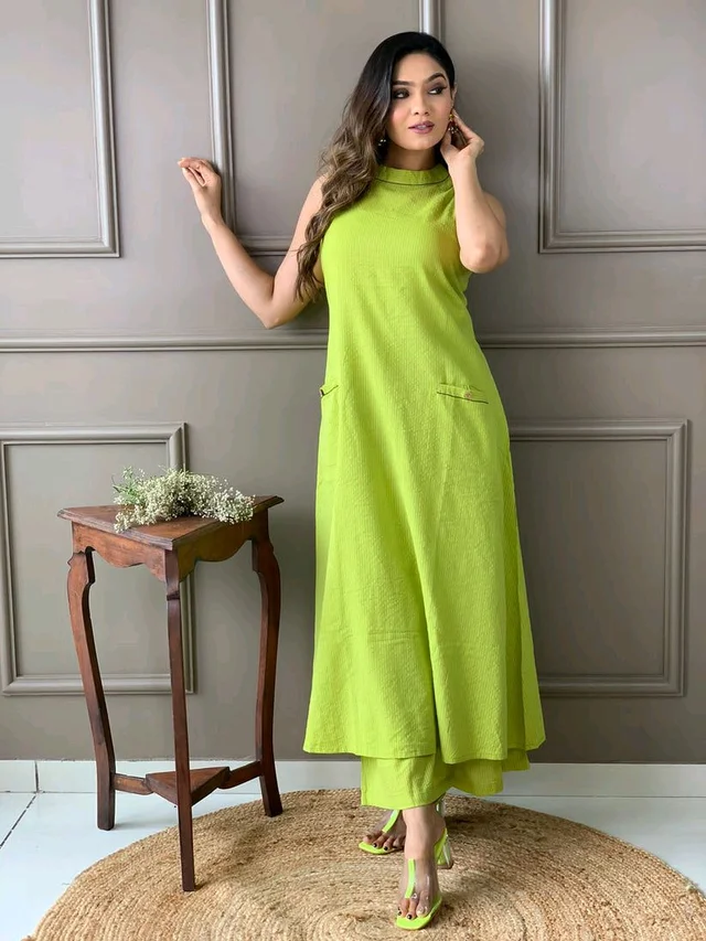 Mehendi Halter Neck Kurta & Cotton Culottes - Wasabi, M