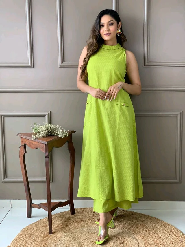 Mehendi Halter Neck Kurta & Cotton Culottes - Wasabi, M