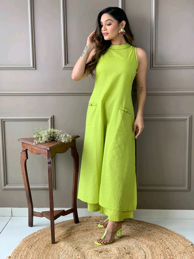 Mehendi Halter Neck Kurta & Cotton Culottes - Wasabi, M