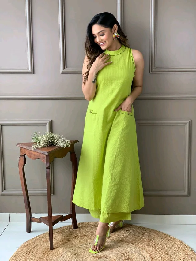 Mehendi Halter Neck Kurta & Cotton Culottes - Wasabi, S