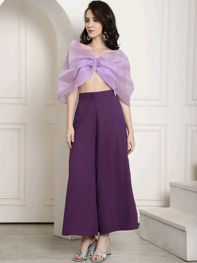 Bow Halter Neck Top In Organza With Trouser - London Hue, XXS