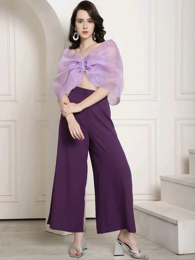 Bow Halter Neck Top In Organza With Trouser - London Hue, XXS