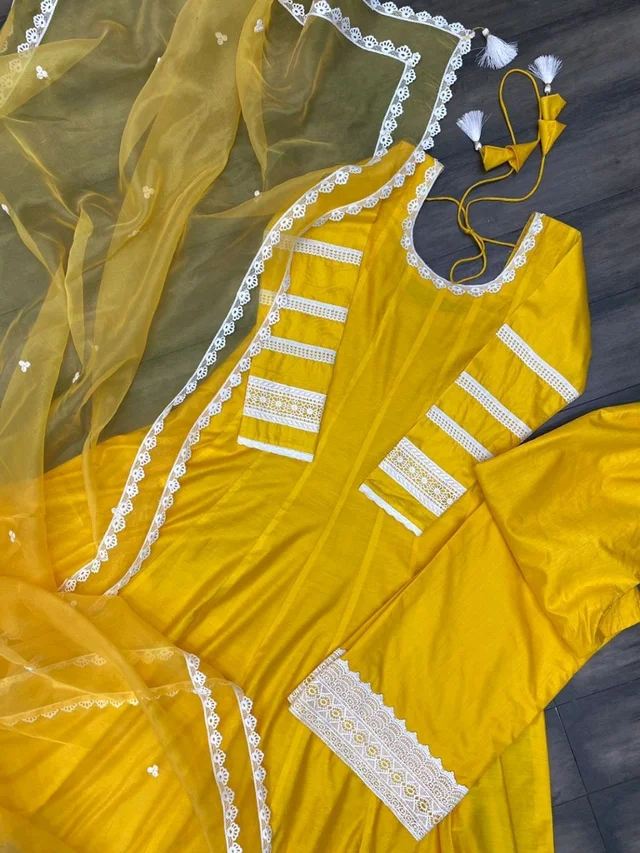 Pooja Hegde in Yellow Chanderi Anarkali Set - Rob Roy, M