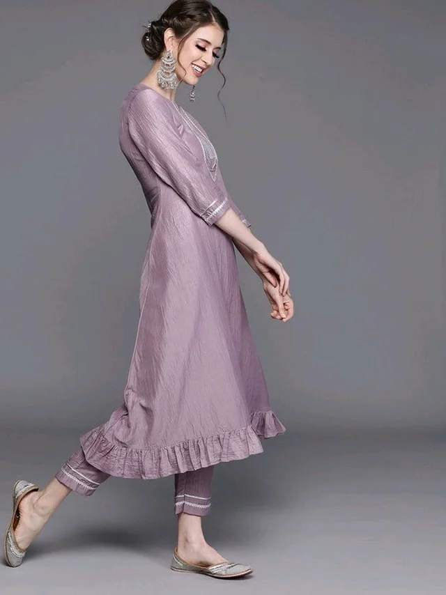 Women Beige Gotta Patti Kurta with Trousers & With Dupatta - Bouquet, 2XL
