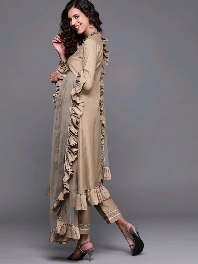 Women Beige Gotta Patti Kurta with Trousers & With Dupatta - Quicksand, 4XL