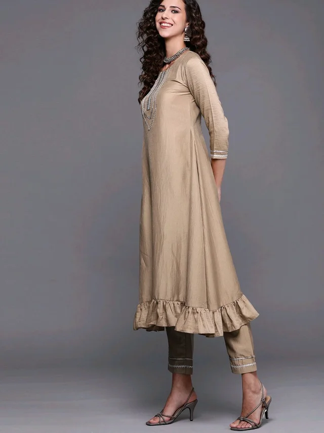 Women Beige Gotta Patti Kurta with Trousers & With Dupatta - Quicksand, 4XL