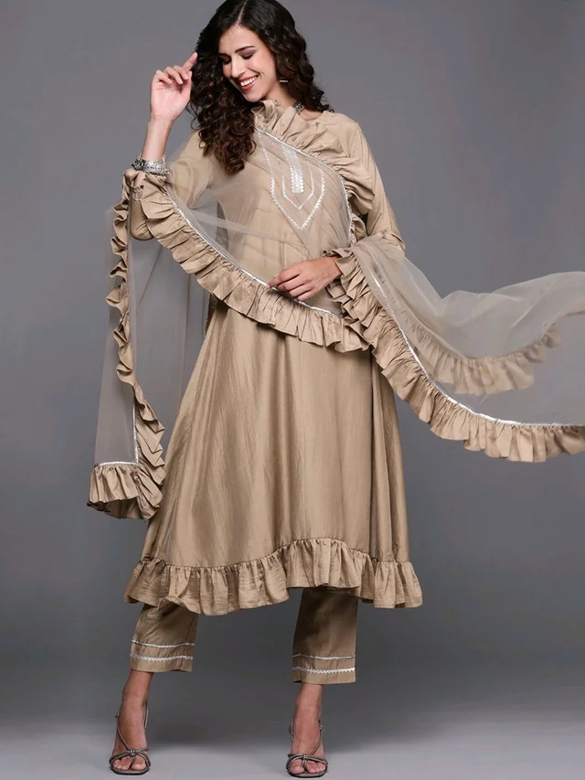 Women Beige Gotta Patti Kurta with Trousers & With Dupatta - Quicksand, 6XL