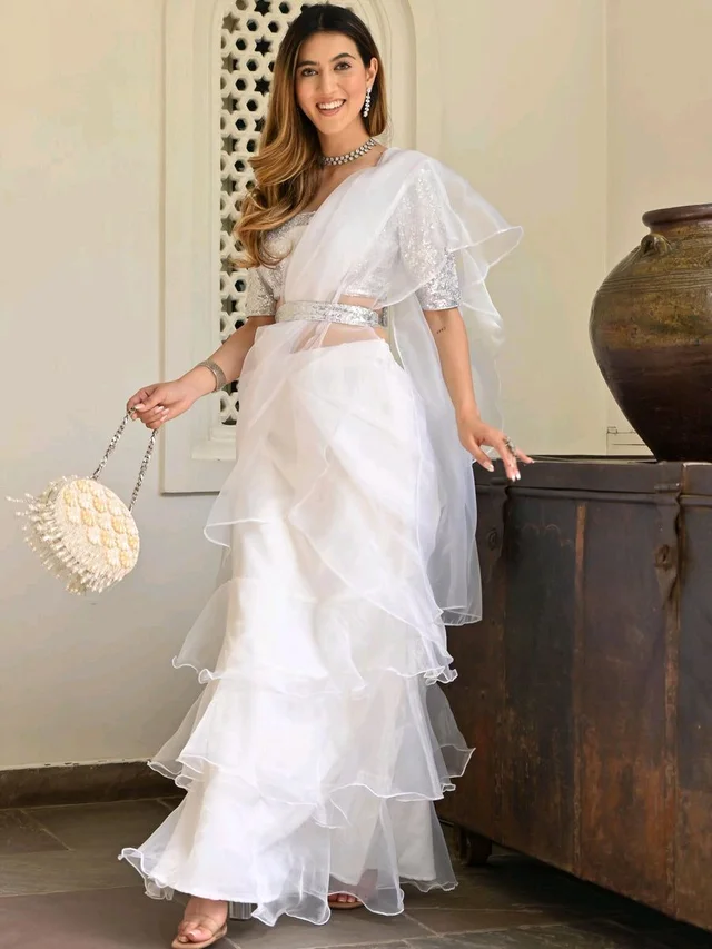 white ivory blue ruffle saree, pre stitched saree,pre pleated saree,ready to wear mehendi outfit,indo western woman outfit,bridesmaid dress - White, S