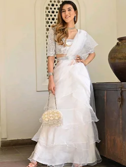 white ivory blue ruffle saree, pre stitched saree,pre pleated saree,ready to wear mehendi outfit,indo western woman outfit,bridesmaid dress - White, S