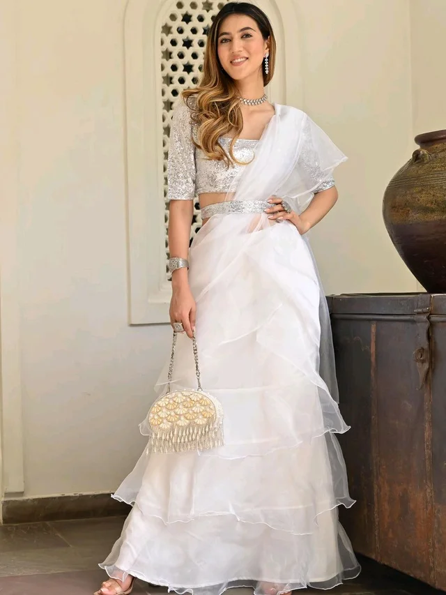 white ivory blue ruffle saree, pre stitched saree,pre pleated saree,ready to wear mehendi outfit,indo western woman outfit,bridesmaid dress - White, S