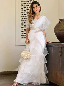 white ivory blue ruffle saree, pre stitched saree,pre pleated saree,ready to wear mehendi outfit,indo western woman outfit,bridesmaid dress - White, S