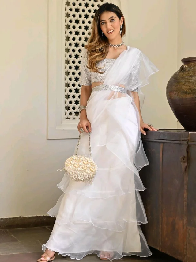 white ivory blue ruffle saree, pre stitched saree,pre pleated saree,ready to wear mehendi outfit,indo western woman outfit,bridesmaid dress - White, S