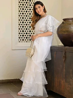 white ivory blue ruffle saree, pre stitched saree,pre pleated saree,ready to wear mehendi outfit,indo western woman outfit,bridesmaid dress - White, S