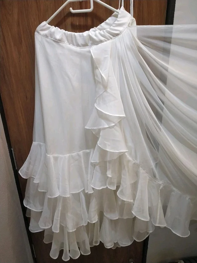 white ivory blue ruffle saree, pre stitched saree,pre pleated saree,ready to wear mehendi outfit,indo western woman outfit,bridesmaid dress - White, S