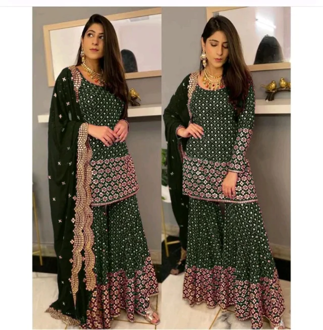 Georgette Embroidered Sharara Dress - Celtic, Free Size