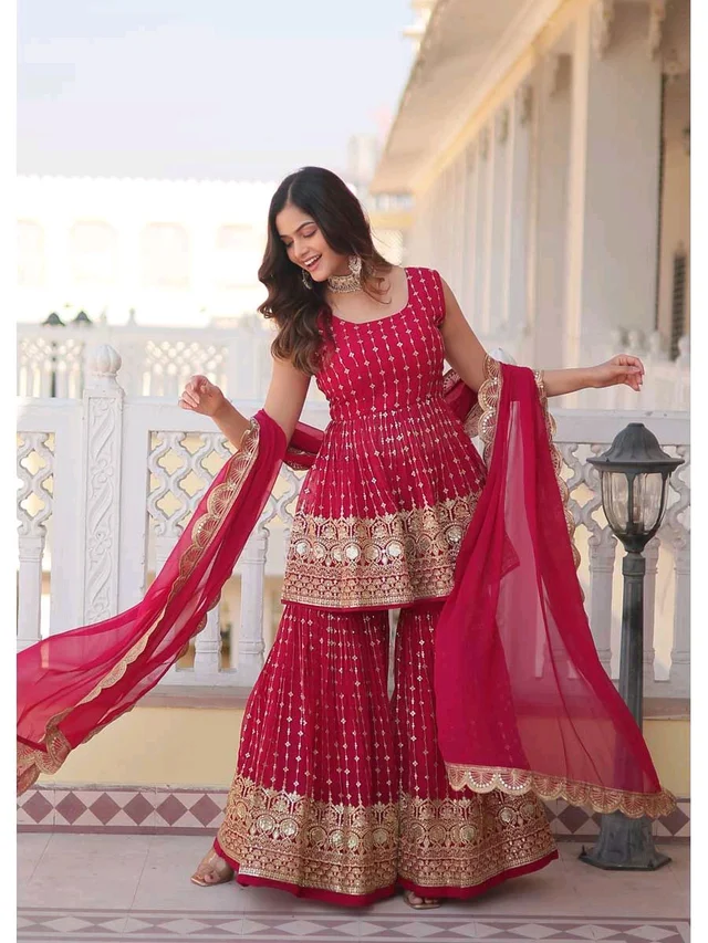Pinkish Red Georgette Readymade Sharara Suit With Zari Work - Monarch, S