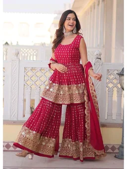 Pinkish Red Georgette Readymade Sharara Suit With Zari Work - Monarch, S