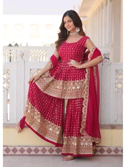 Pinkish Red Georgette Readymade Sharara Suit With Zari Work - Monarch, S