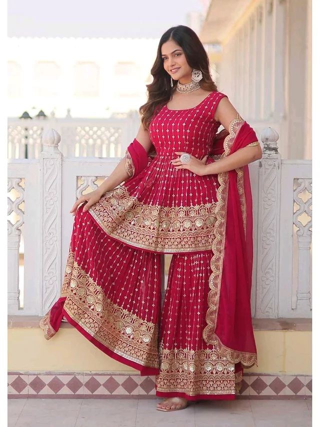 Pinkish Red Georgette Readymade Sharara Suit With Zari Work - Monarch, XL