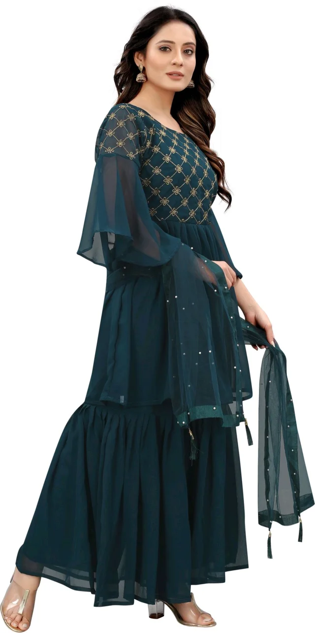 Women Georgette Kurti Sharara Dupatta Set - Rama, L