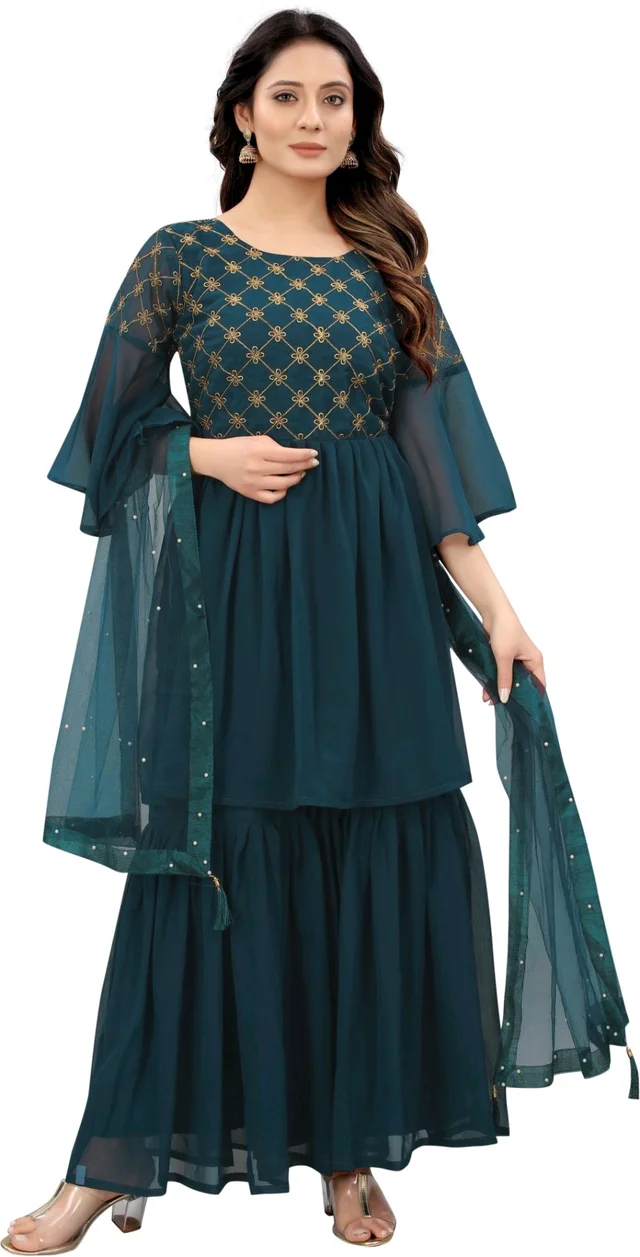 Women Georgette Kurti Sharara Dupatta Set - Rama, L