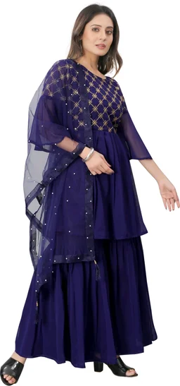 Women Georgette Kurti Sharara Dupatta Set - Port Gore, L