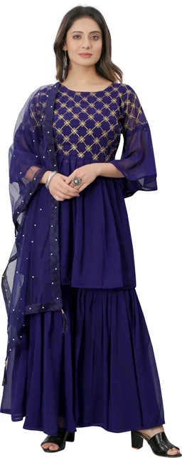 Women Georgette Kurti Sharara Dupatta Set - Port Gore, L