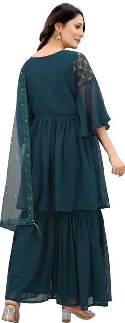 Women Georgette Kurti Sharara Dupatta Set - Rama, M