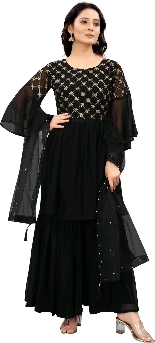 Women Georgette Kurti Sharara Dupatta Set - Black, M