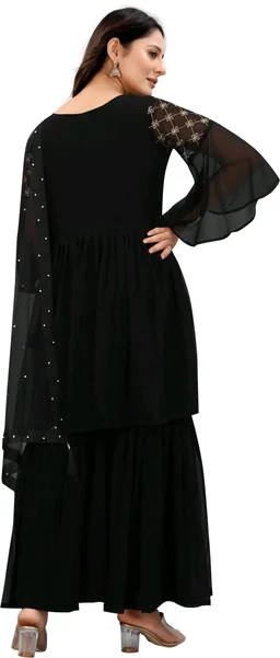 Women Georgette Kurti Sharara Dupatta Set - Black, M