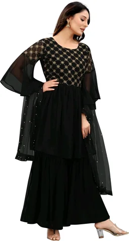 Women Georgette Kurti Sharara Dupatta Set - Black, M