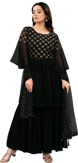 Women Georgette Kurti Sharara Dupatta Set - Black, M