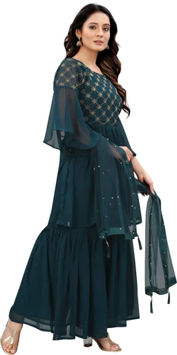 Women Georgette Kurti Sharara Dupatta Set - Rama, S