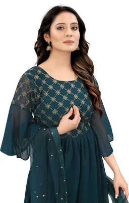 Women Georgette Kurti Sharara Dupatta Set - Rama, S