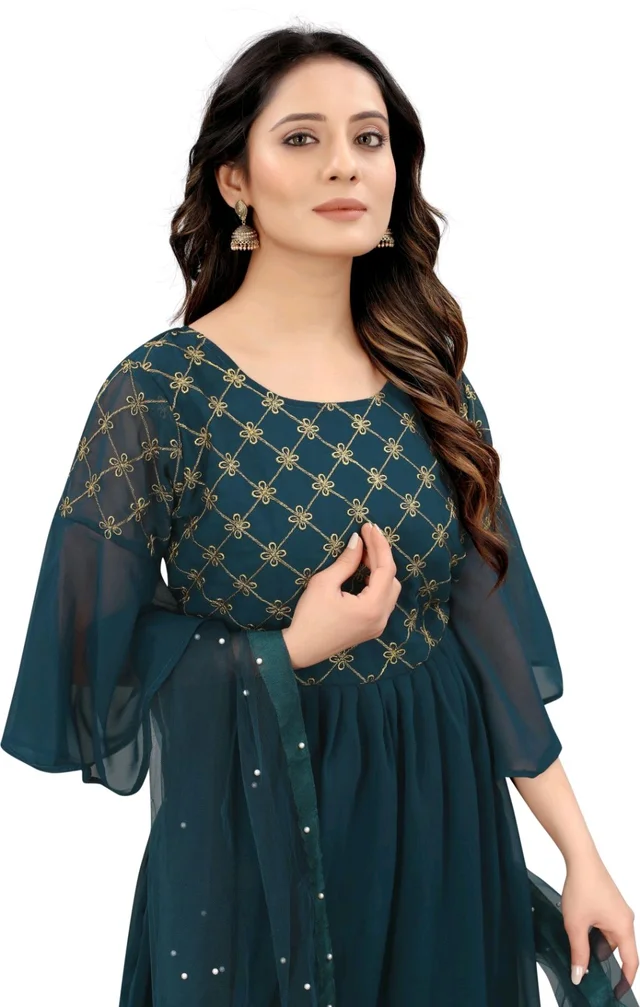 Women Georgette Kurti Sharara Dupatta Set - Rama, S
