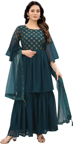 Women Georgette Kurti Sharara Dupatta Set - Rama, S