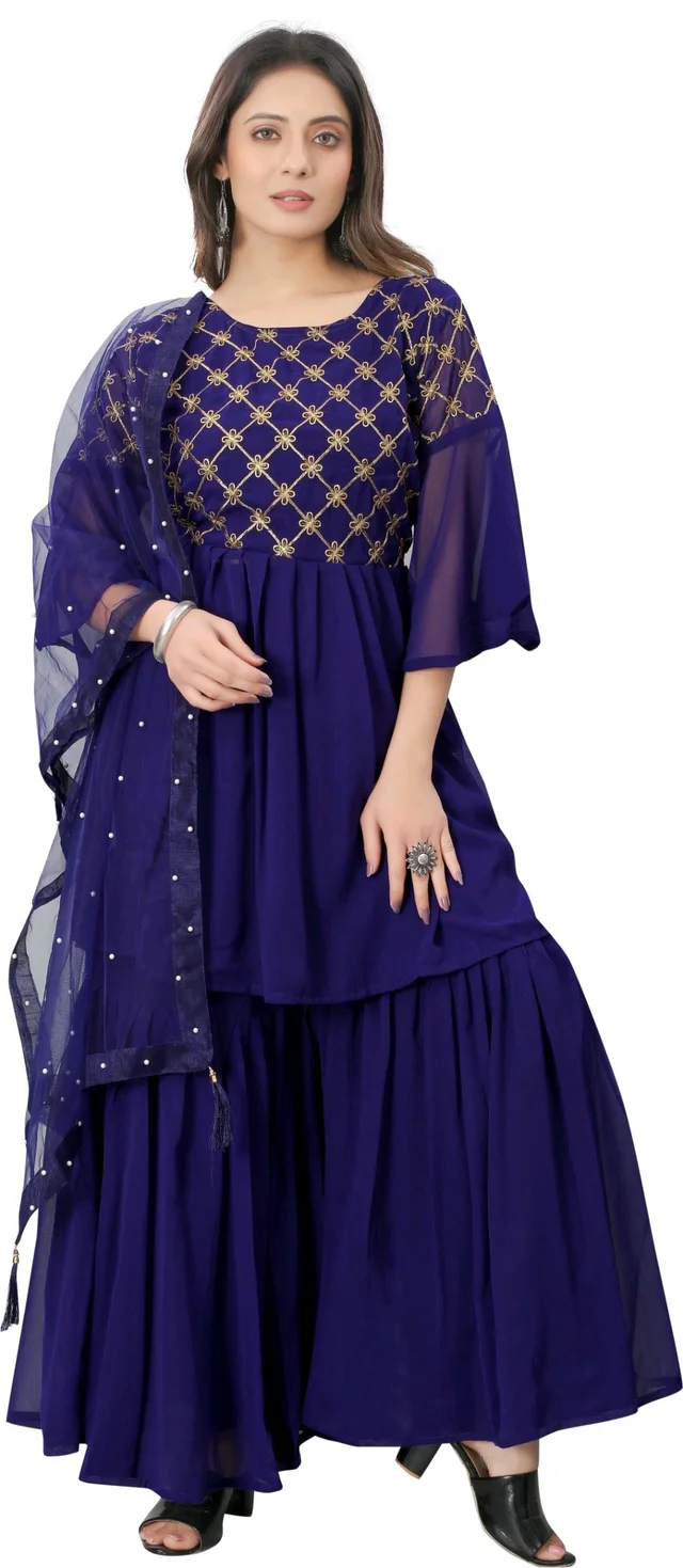 Women Georgette Kurti Sharara Dupatta Set - Port Gore, S