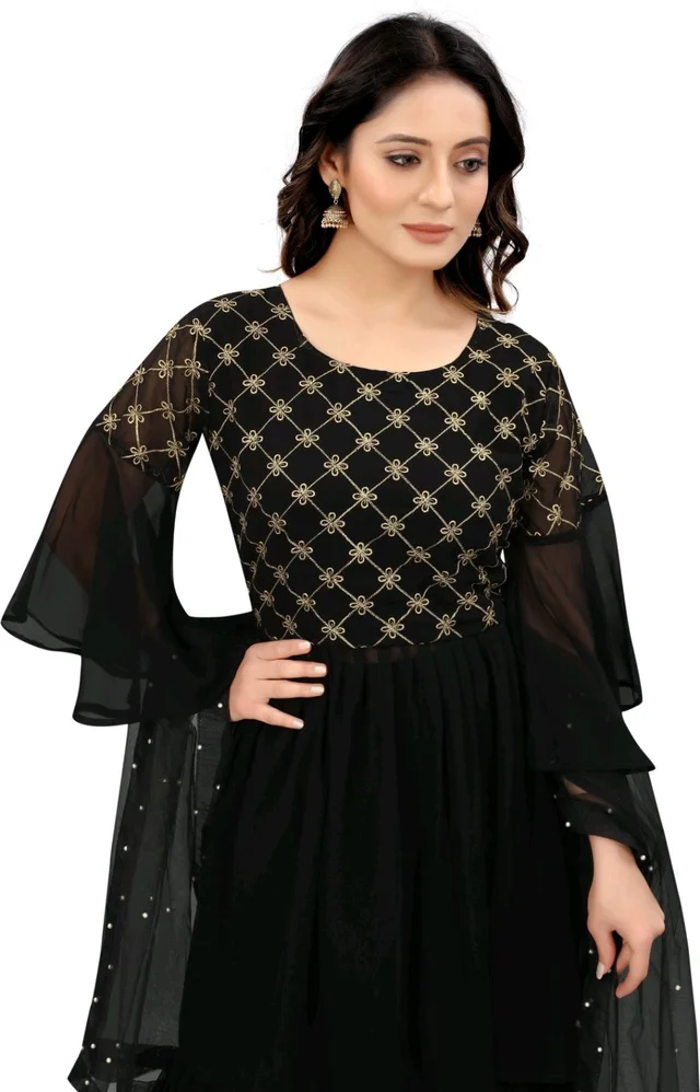 Women Georgette Kurti Sharara Dupatta Set - Black, S