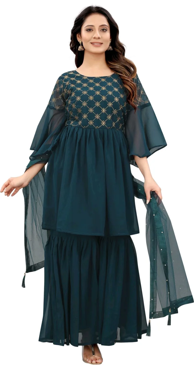 Women Georgette Kurti Sharara Dupatta Set - Rama, XL