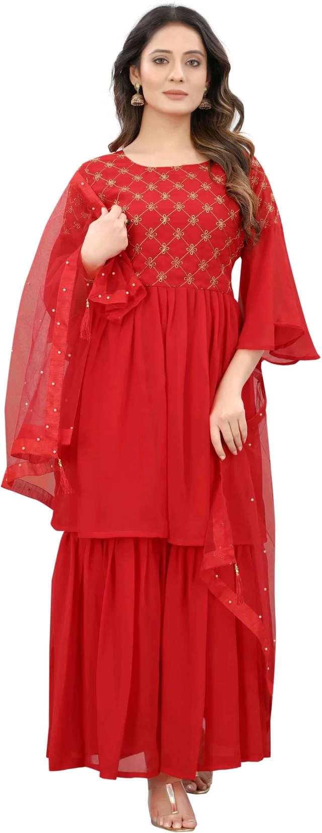 Women Georgette Kurti Sharara Dupatta Set - Red, XL