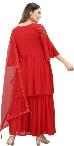 Women Georgette Kurti Sharara Dupatta Set - Red, XL