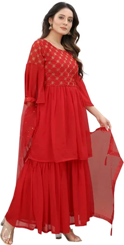 Women Georgette Kurti Sharara Dupatta Set - Red, XL