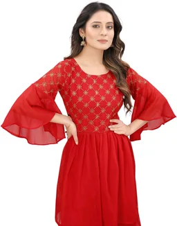Women Georgette Kurti Sharara Dupatta Set - Red, XL