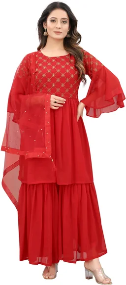 Women Georgette Kurti Sharara Dupatta Set - Red, XL