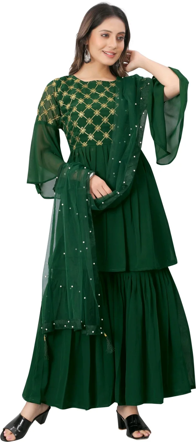 Women Georgette Kurti Sharara Dupatta Set - green, XL