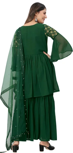 Women Georgette Kurti Sharara Dupatta Set - green, XL