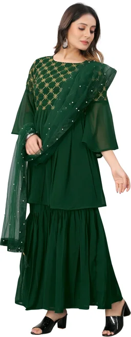 Women Georgette Kurti Sharara Dupatta Set - green, XL