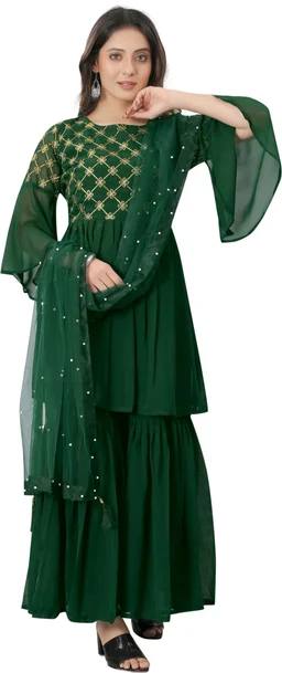 Women Georgette Kurti Sharara Dupatta Set - green, XL