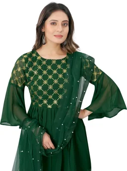 Women Georgette Kurti Sharara Dupatta Set - green, XL
