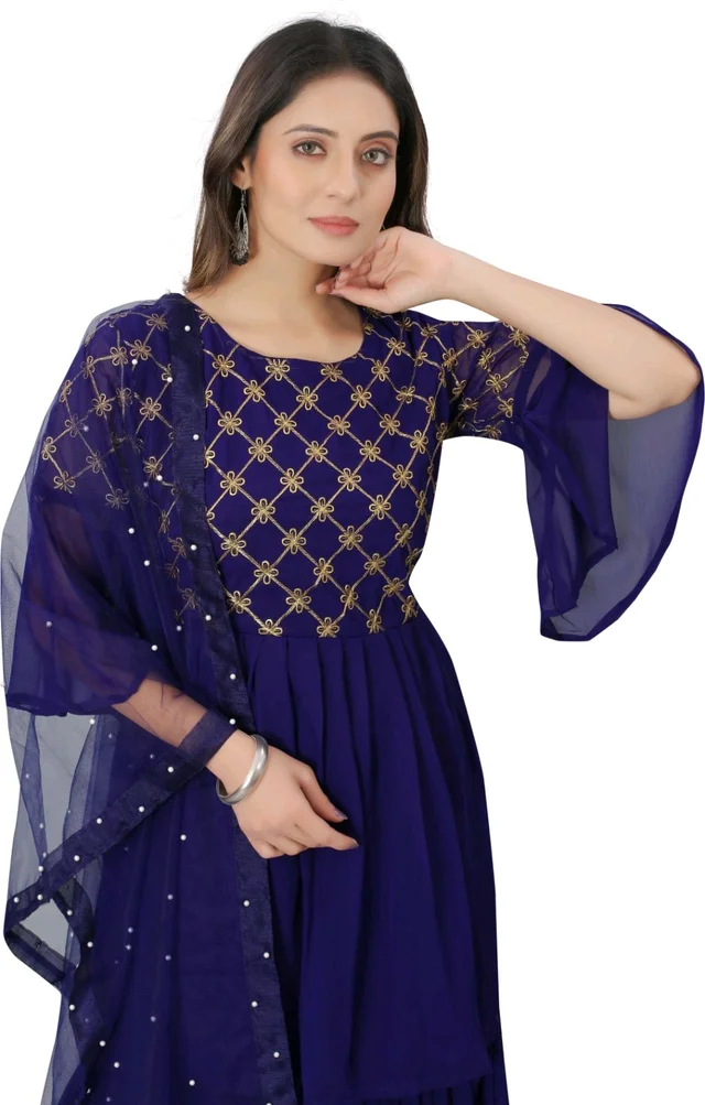 Women Georgette Kurti Sharara Dupatta Set - Port Gore, XL